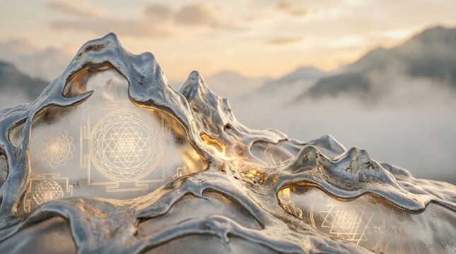 Cinematic Stylized Himalayan Mountains with Flowing Molten Nickel and Blue Cybernetic Glaciers.