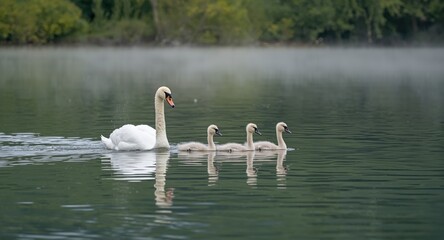 Beautiful sight of swan family moving together on tranquil lake illustrating togetherness