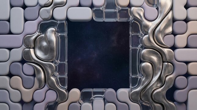 Creative 3D Jigsaw Frame with Metallic Elements and Deep Cosmic Centerpiece. A highly creative 3D background showcasing a frame made of interlocking smooth pastel-grey blocks, resembling a complex 