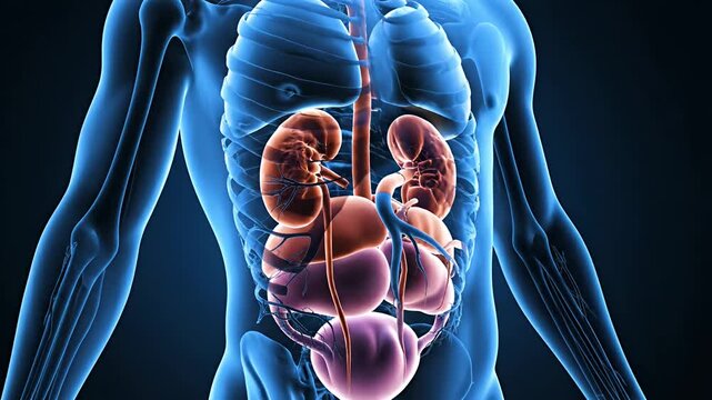 Transparent human torso showing kidneys and internal organs