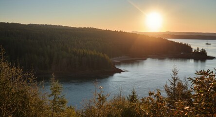 Obraz premium Daybreak light shining on a beautiful harbor inlet and forested shoreline