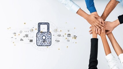 Fototapeta na wymiar A diverse team comes together with hands stacked, representing unity and collaboration in addressing data security challenges and protecting against cyber threats. Raster