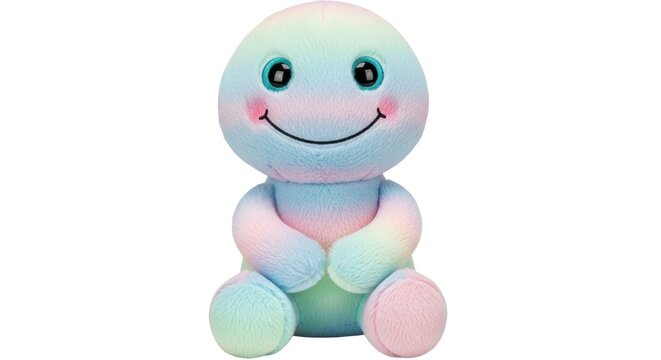 A colorful, smiling, pastel-colored turtle with a happy expression, sitting on a white surface with a soft, pastel background.