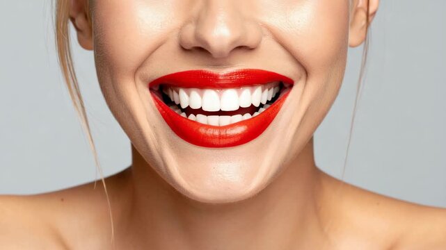 Beautiful woman with red lipstick laughing and showing off her clean straight white teeth for a dental health concept