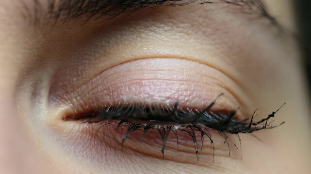 Close up of a female's closed eye with messy black mascara on eyelashes and visible skin texture, concept for beauty salon marketing, cosmetic product review and dermatology clinic advertising