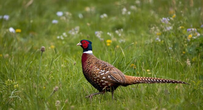 A relaxed pheasant standing in a lush meadow dotted with wildflowers and green grass