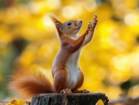 red squirrel on a tree stump reaching up with paws against a warm golden autumn background, curious and hopeful expression