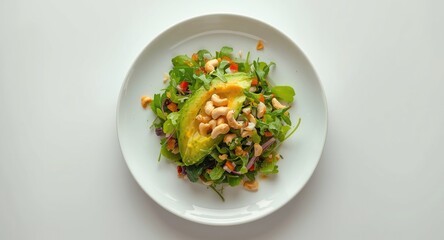 Colorful mixed salad featuring avocado and cashew nuts on a simple white base