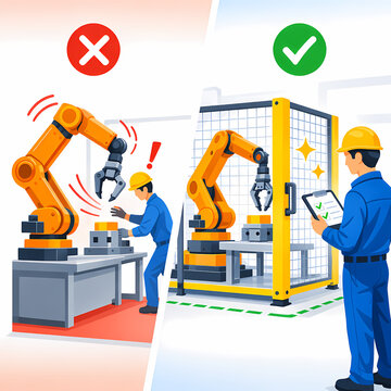 Industrial Robot Safety Comparison Showing Unsafe Operation and Proper Guarded Work Cell