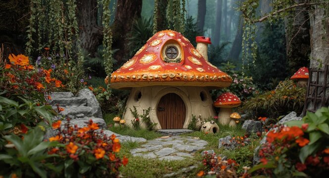 3d fantasy depiction of a magical mushroom house with fairy features in landscape