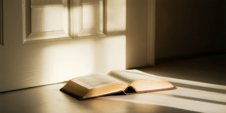Open book rests on floor. Sunlight streams through door creating dramatic shadows, highlighting pages. Quiet, peaceful scene.