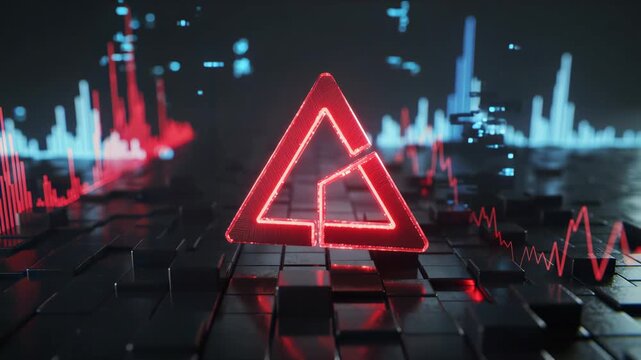 Glowing red neon triangle logo on dark reflective cube grid with digital data visualization charts in background, concept for cryptocurrency market, fintech trading and cyber security data