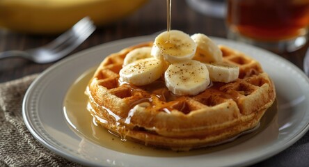 Obraz premium Belgian waffles topped with fresh bananas and sweet honey ready for breakfast