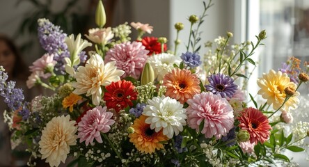 Obraz premium Bright display of assorted fresh cut flowers in a cozy home setting with natural lighting