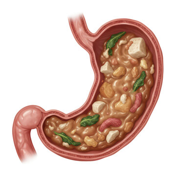 Medical illustration showing food inside a human stomach cross section