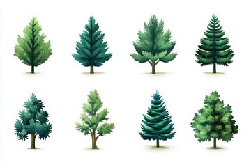 Fototapeta premium Eight stylized green tree illustrations with varied foliage shapes and soft ground shadows on white background conveying a calm serene natural mood