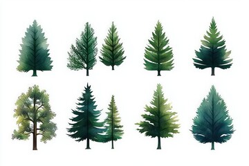 Obraz premium eleven stylized watercolor evergreen and pine tree illustrations in varying green tones on a white background conveying calm and natural mood