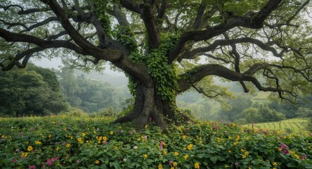Fototapeta premium Noble old tree covered by flourishing green plants and vivid wildflowers in a tranquil woodland background