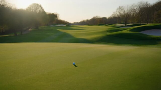 Golf ball on green grass course with sand traps and trees featuring bunker, golfing, sport with outdoor and recreation elements for leisure,