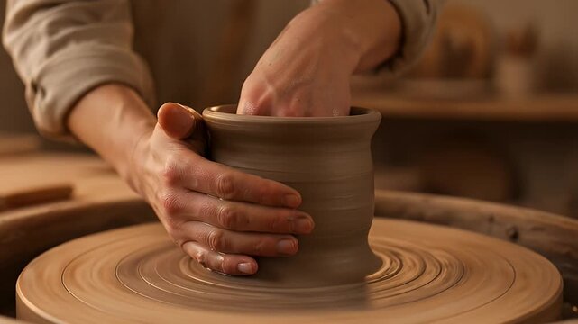 Artist's hands shaping and molding clay on a pottery wheel in studio