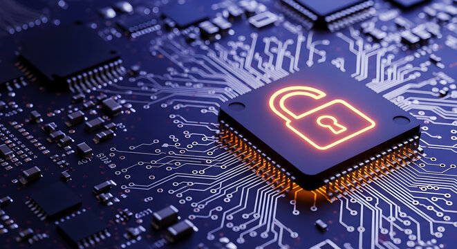 Glowing orange unlocked padlock icon illuminates a central processor chip mounted on a dark blue electronic circuit board signifying data access.
