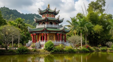 Obraz premium The serene beauty of a Chinese pagoda by the lake.