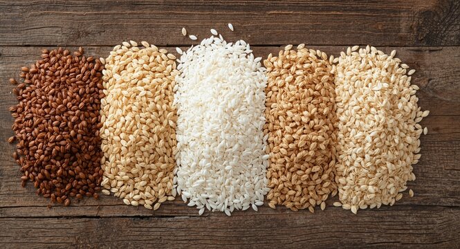 Collection of raw cereal grains like brown and white rice flour millet and oatmeal arranged on aged wooden surface with copy space