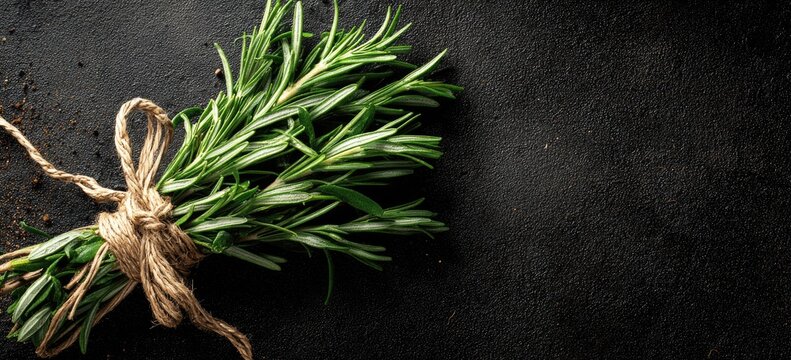 Fresh rosemary sprigs tied with twine on dark textured background