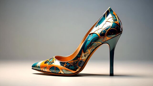 Elegant teal and gold high heel stiletto pump with intricate artistic patterns on a neutral studio background