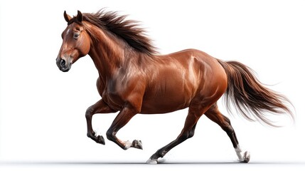 Obraz premium Majestic brown horse galloping with flowing mane and tail against a clean white background