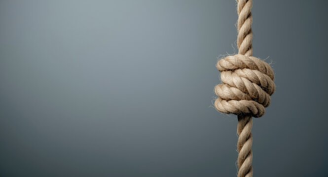 Close view of a rope noose with a detailed hangmans knot against a subtle gradient background