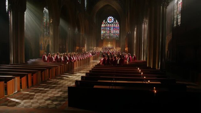 Cathedral interior with a choir singing and rows of pews and candles featuring church, grand, stained glass with windows and benches elements for
