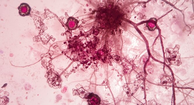 Detailed cytology image showing yeast and pseudohyphae forms in pap smear for fungal infection analysis