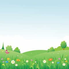 Fototapeta premium Cartoon Meadow Landscape with Wildflowers and Butterfly Green Hills Blue Sky