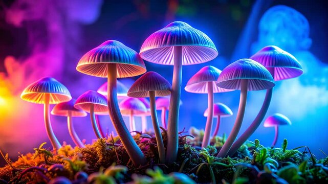 Bioluminescent mushrooms glowing with neon blue and purple light in a magical fantasy forest at night