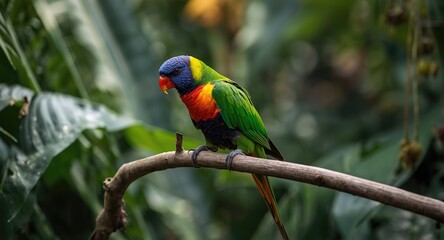 Obraz premium Colorful lorikeet perched on tropical branch with lush botanical garden background