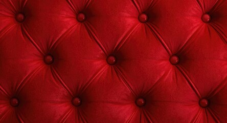 Detailed close up of red velvet fabric with retro tufted diamond shapes and decorative buttons