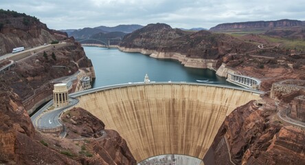 Dam holding a vast reservoir with natural hills and highways threading through the area
