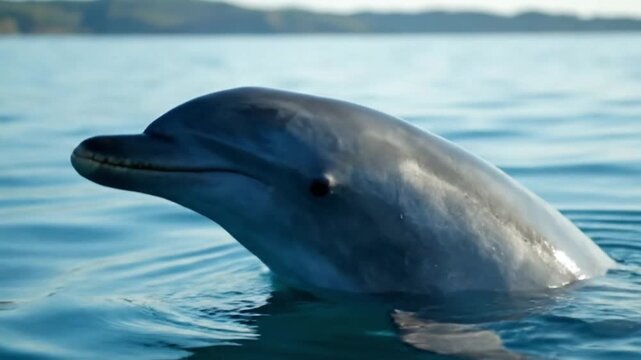 Close-up of a dolphin's head and upper body swimming in calm blue water with a distant shoreline.
