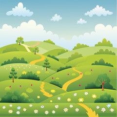 Naklejka premium Cartoon Rolling Hills Landscape with Winding Paths and Flowers Bright Sunny Day