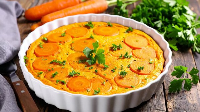 Savory homemade carrot tart with fresh parsley garnish in a white ceramic baking dish on a rustic wooden table