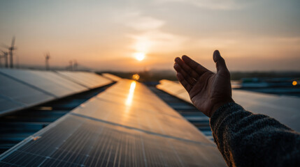 Fototapeta premium Hand reaching toward the sun at sunset over solar panels and wind turbines in a renewable energy field