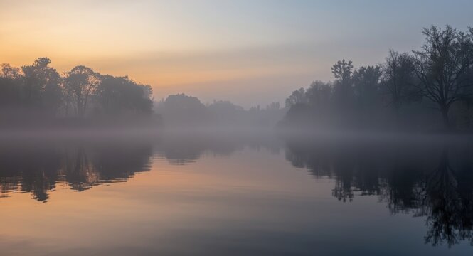 Calm water river landscape at dawn with misty fog and quiet tree reflections