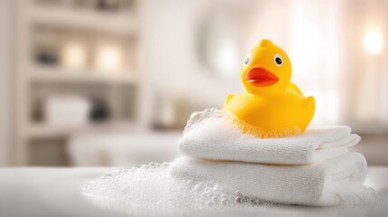 The Rubber Duck on Towels with Bubbles in Bright Modern Bathroom Setting