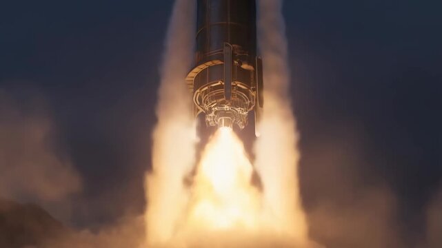 Missile ballistic with glowing launch tube in dark military setting, cinematic view featuring closeup, video, footage with rocket and defense