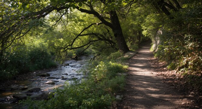 Peaceful hiking path near a creek in oak forest
