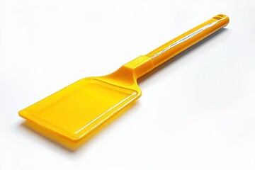 bright yellow plastic scoop with long handle on white background, cheerful minimalist product shot