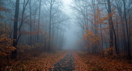 Obraz premium Dreamlike autumn forest trail veiled in soft blue fog with striking orange trees