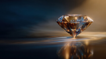 Fototapeta premium Sparkling clear diamond sits on surface reflecting light and creating bright patterns around it in a dark setting