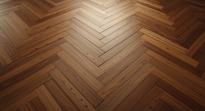 Detailed perspective of smooth wooden floor panels arranged in classic herringbone pattern with high key lighting copy space